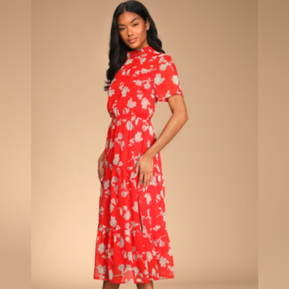 Lulu's Red Floral Midi Dress